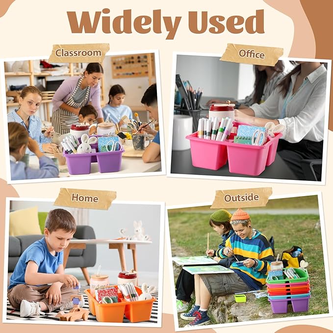 6 Pack 3 Compartment Small Caddy Plastic Classroom Organizer with Handle Portable Teacher Supply Storage Caddy Craft Art Caddies for Pencil, Crayon, Marker, Home, Office, School Supplies(Classic)