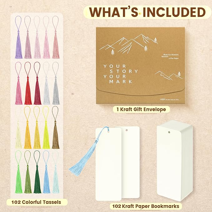 102 pcs Blank Bookmarks with Colorful Tassels – 350gsm Cardstock Bookmark Blanks for DIY Crafts, Holiday Gift Tags, Classroom Projects & Reading Rewards – 5.5 x 2 inch Bookmark Kit (Ivory White)