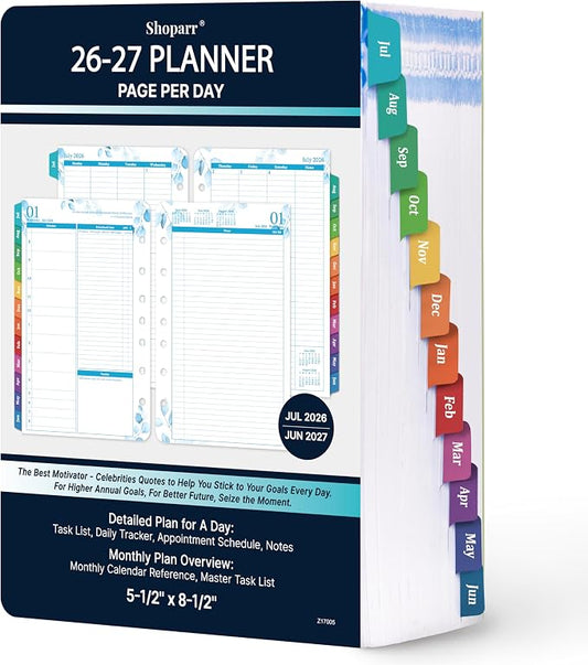 Planner Refills 2026-2027 - Jul.2026 - Jun. 2027 Planner, Two Pages Per Day Daily ＆ Monthly Planner, 5.5" x 8.4", Ring-Bound Organizer, Daily Tracker & Schedule, Colorful Tabs