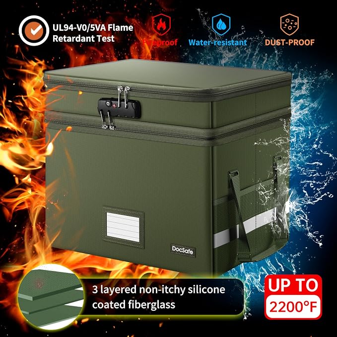 DocSafe File Box with Lock,Multi-Layer Fireproof Document Box Collapsible File Storage Organizer with Pockets/Handle,Portable Home Office Filing Cabinet for Hanging Letter/Legal Size Folders,Green