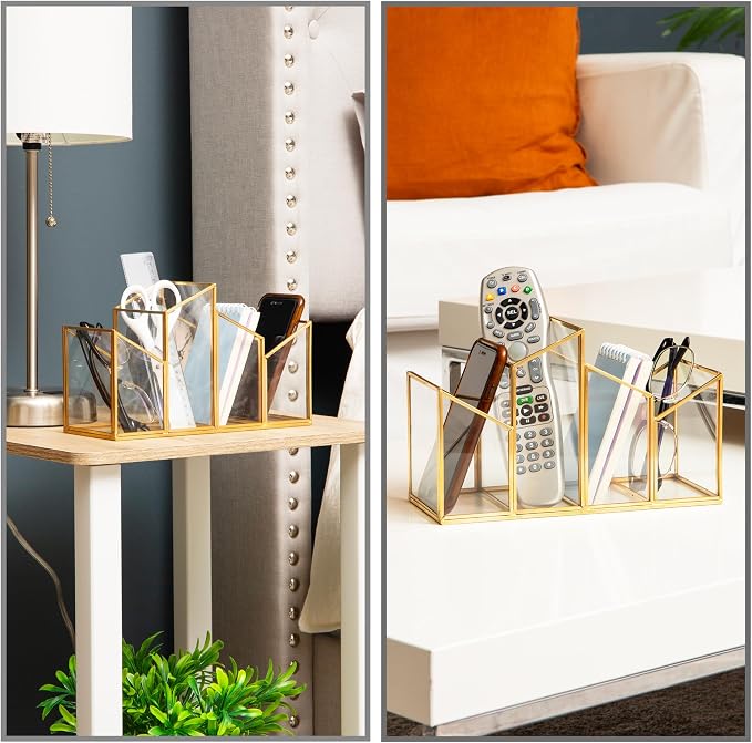 Mind Reader 4-Compartment Angled Glass Pen Holder with Copper Trim, Desktop Organizer for Office Supplies & Accessories, Glass and Copper, Clear