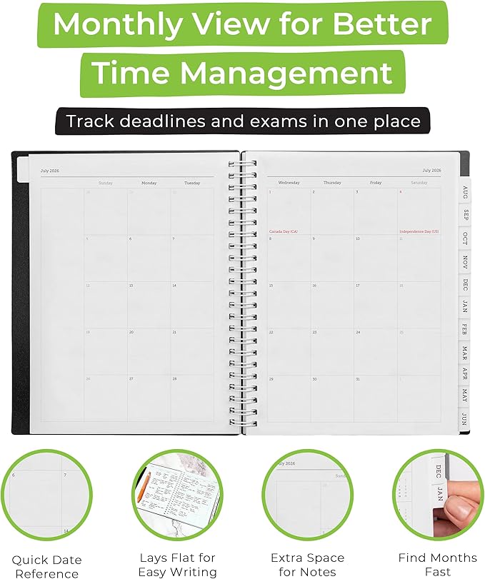 WallDeca Academic Planner 2026-2027, Daily, Weekly & Monthly Planner, July 2026 - June 2027, Student Notes Pages, Twin-Wire Binding Day and Weekly Agenda for School & Work (8 x 6-Inches, Black)