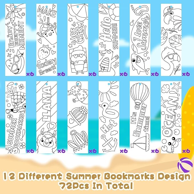 Haooryx Color Your Own Summer Bookmarks - 72Pcs Bulk Kids DIY Coloring Blank Bookmarks Summer Theme Book Marks for Teacher Student Classroom Rewards Supplies Paper Art Craft Kit Party Gift Bag Fillers
