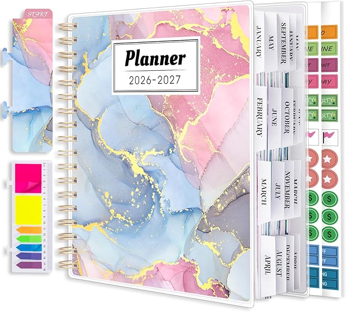 Planner 2026-2027, Large 18 Months Academic Daily Weekly Monthly Planner Yearly Agenda Jan. 2026–June. 2027, 7.9" x 9.8", Page Tabs, Separator Page, Pocket Folder, Bookmark, Stickers, Sticky Note Set