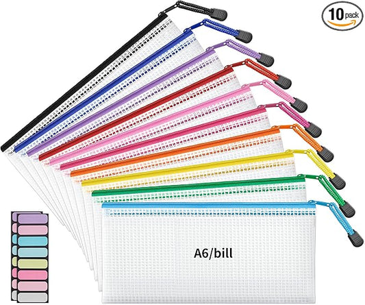 JARLINK 10 Pack A6 (9.3 × 4.0 in) Mesh Zipper Pouch Bags, Waterproof Pencil Pouch for School Supplies Storage, Small Zipper Pouches for Cash, Cosmetics, Travel Organization, 10 Colors