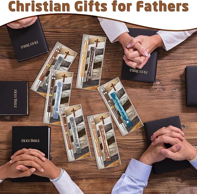 Spakon 25 Sets Father's Day Christian Gifts Bulk Bible Verses Pens Christian Silicone Bracelets Religious Paper Bookmarks for Women Men Sunday School Church Priest (Retro Style)