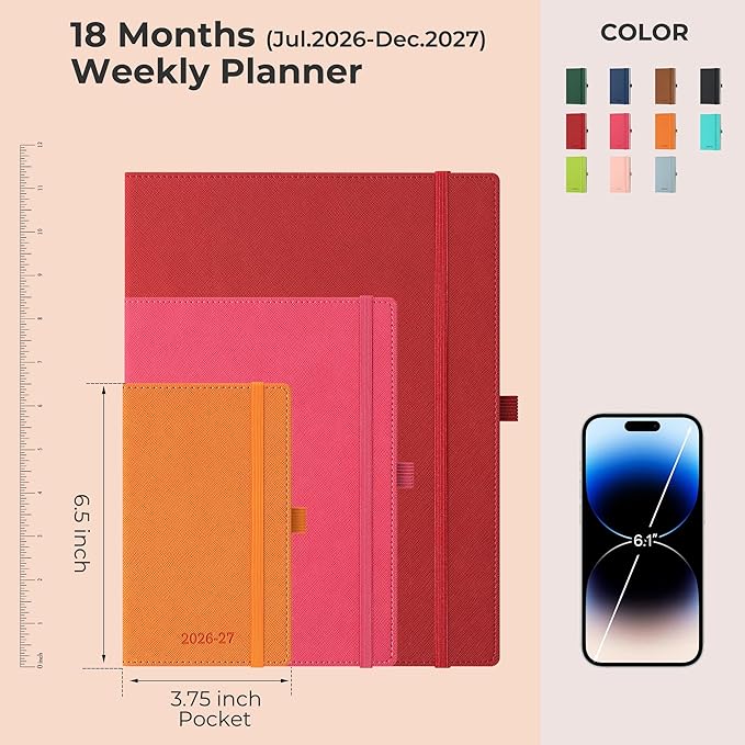 Weekly Monthly 2026-2027 Planner (July 26-Dec 27),6.5"x3.75",18 Months Agenda Plan with Month Tabs & Pocket,Expenses/Note Pages, Academic Calendar with Vegan Leather Cover,Orange