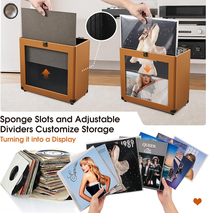 Hododou Vinyl Record Storage Box with Lock Record Organizer Storage for 30+ Single Records 12-inch Water Resistant Collapsible Storage Crate with Lid Handle Mesh Pouch for Vinyl Collect Acrylic Brown