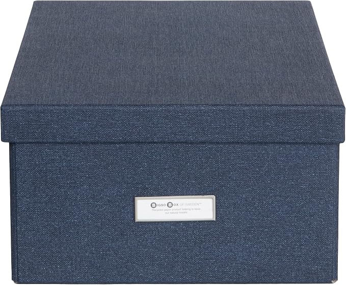 Bigso Katia KD Collapsible Storage Box with Labelframe for Easy Identification - Simple Assembly without Tools - Decorative Storage Boxes with Lids - 11.3in x 15.4in x 6.4in - Blue