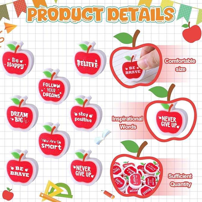 50 Pcs Erasers Bulk Inspirational Apple Erasers Cute Mini Motivational Gifts for Prizes Homework Rewards Supplies Office Supplies
