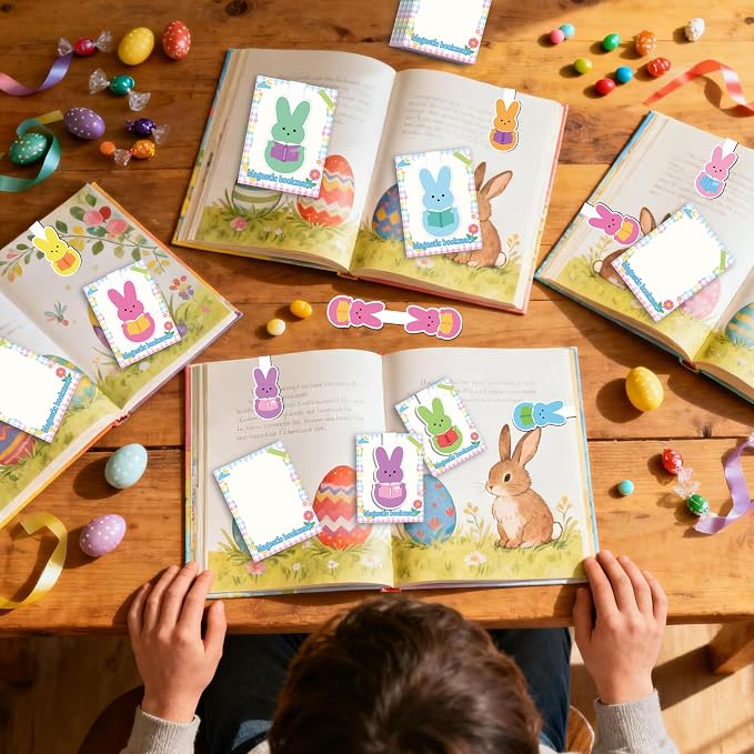 Laffact Easter Bunny Reading Bookmarks - 9Sets Colorful Bunny Magnetic Books Tracker Bulk with Book Mark Cards, Double-Sided Keep Reading Page Clip Marker Book Club Gifts for Book Lover Reader Bookish
