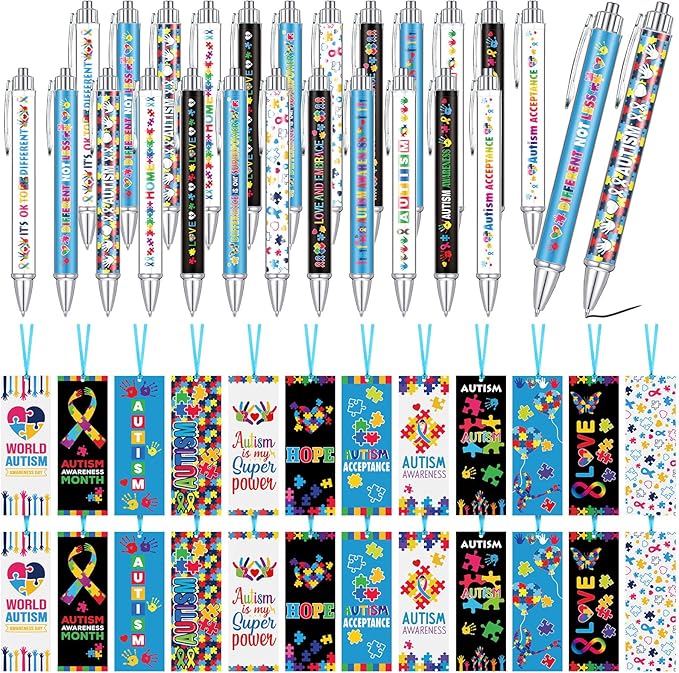 Motiskyy 48 Pcs Autism Awareness Pens and Bookmarks Bulk Breast Cancer Mental Health Accessories Colorful Autism Awareness Stuff for Social Charity Public Event Education Supplies Motivational Gifts