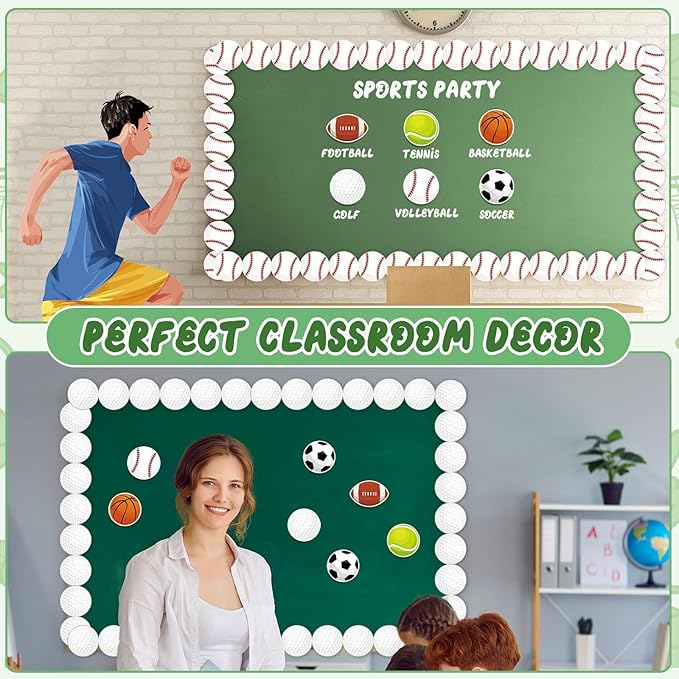 Qyeahkj 85ft Sports Bulletin Board Borders - Football, Baseball, Basketball Cutouts Paper Bulk Balls Trim for School Classroom Office Decor