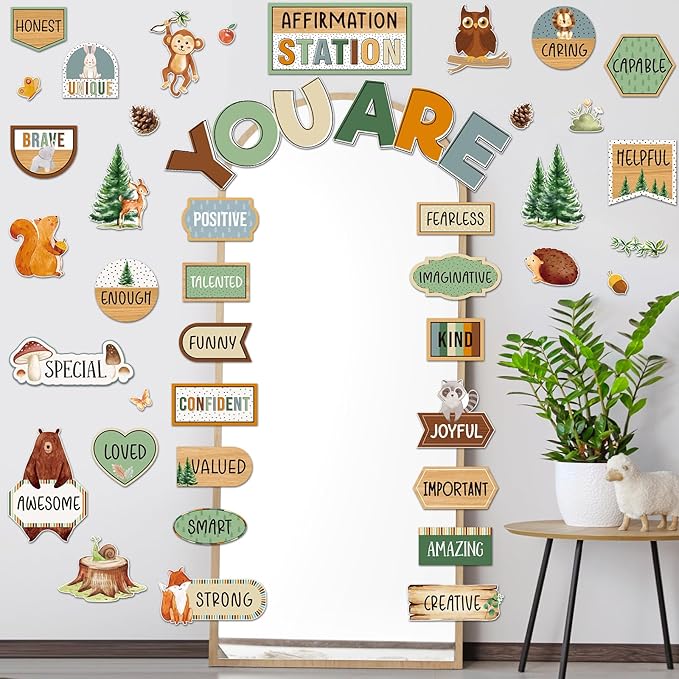 45pcs Woodland Bulletin Board Set Motivational Posters Classroom Mirror Growth Mindset Decor Positive Affirmations Accents Cutouts for School Office Home Teacher Wall