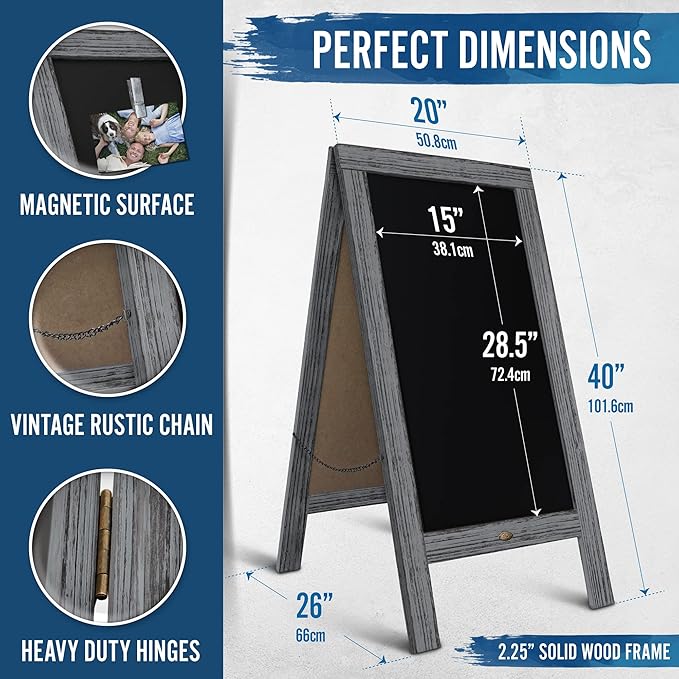A Frame Chalkboard by HBCY Creations: 40x20 Solid Wood A-Frame Sign Graywash Double-Sided Magnetic Board, Chalkboard Menu Board, for Restaurants, Cafés, Weddings - Heavy Duty Hinges