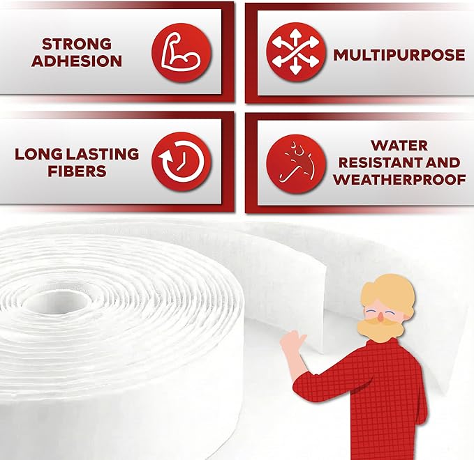 Hook and Loop Roll, White, 1-in x 10-Ft Hook and Loop Tape Heavy Duty Strips with Adhesive, Fastening Strips with Adhesive for Fabric, Tools - XFasten