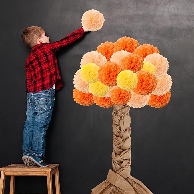 Whaline Fall Classroom Tree Bulletin Board Set 3D Classroom Wall Decor Kit 1 Roll Kraft Paper with 28 Paper Pompoms Glue Points for Autumn Party School Chalkboard Office (Orange,8, 10, 12 Inch)