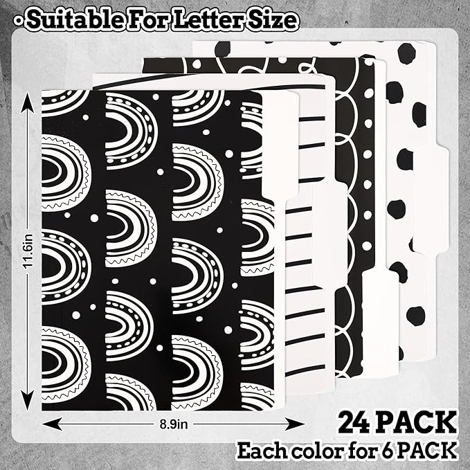 Whaline 24 Pack Black White File Folders Letter Size Squiggle Dot Stripe Rainbow File Pockets with 1/3 Cut Tab for Home Office Classroom Supplies, 8.9 x 11.6 Inch
