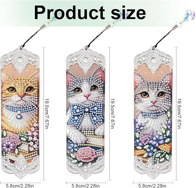 Tontut 3pcs Diamond Art Painting Kit Bookmarks, Cat on Books Fine General Purpose DIY Bookmarks, Lightweight and Durable, Suitable for Reading Lovers