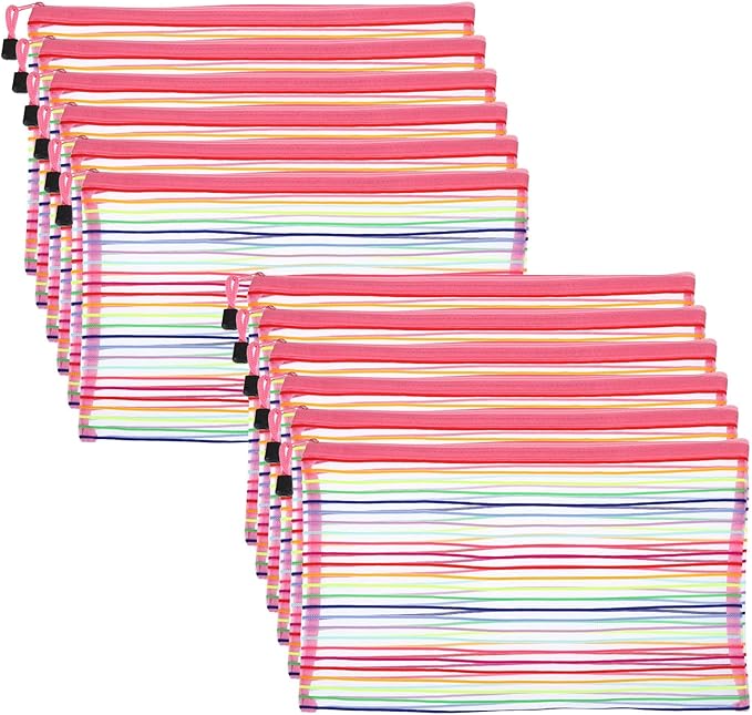 PATIKIL Mesh Cosmetic Bags, 12 Pack Nylon A4 Size Pen Pencil Case Document Toiletry Cosmetic Makeup Zipper Travel Pouch Organizer for Office, Pink