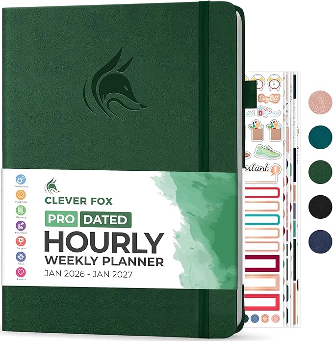 Clever Fox Planner PRO Schedule Dated (Jan 2026–Jan 2027) – Weekly & Monthly Life Planner with Time Slots, Appointment Book and Daily Organizer to Increase Productivity, A4 Hardcover – Forest Green