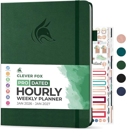 Clever Fox Planner PRO Schedule Dated (Jan 2026–Jan 2027) – Weekly & Monthly Life Planner with Time Slots, Appointment Book and Daily Organizer to Increase Productivity, A4 Hardcover – Forest Green
