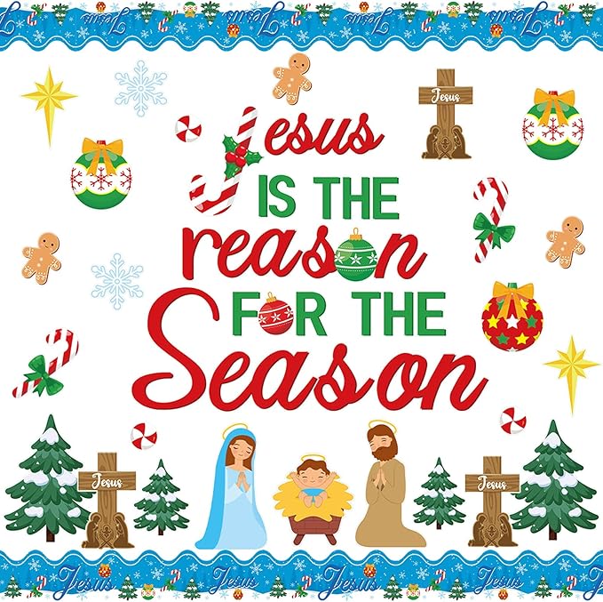 113Pcs Jesus is The Reason for The Season Cutouts Bulletin Board Decoration Set Christmas Trees Cross Snow Nativity Christian Faith Religious Sunday Classroom Chalkboard Wall Winter Party Decor