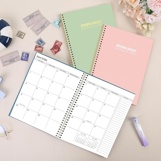 SKYDUE Monthly Planner 2026-2027, 24 Months Calendar Planner 2026-2027, 7.5" x 10" B5 Planner, Twin-wire Spiral Bound, Durable Waterproof Cover, Thick No-Bleed Paper, Green