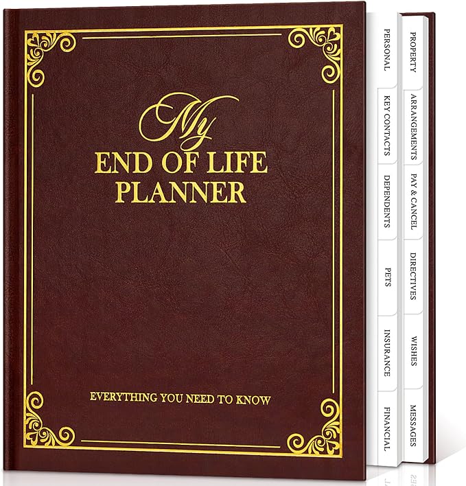 Lanpn End of Life Planner Death Organizer with Tabs, Final Wishes & Financial Estate Planning Journal, When I Die Journal for Senior, Before Death Life and Care Plan Book, Brown, Leather Hardcover