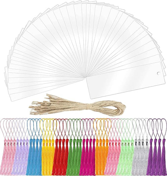 Acrylic Blank Bookmark, BetterJonny 40Pcs Clear Craft Bookmark Acrylic Book Markers with 48Pcs Bookmark Tassels and 30Pcs Ropes Unfinished Rectangle Book Marker Tags for DIY Projects and Present Tags