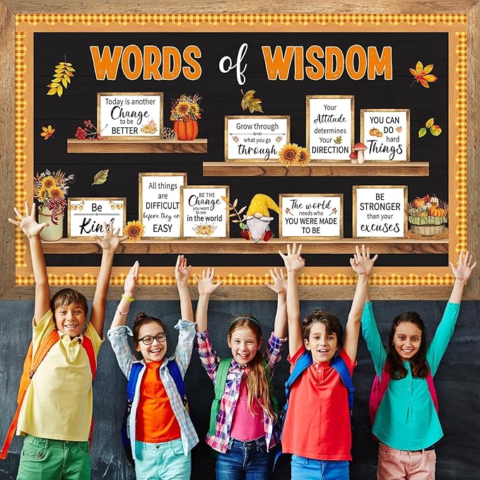 Fall Thanksgiving Bulletin Board Set Bookshelf Words of Wisdom Bulletin Board Boarder Motivational Fall Classroom Decorations Autumn Inspirational Positive Paper Cutout for Classroom Wall Decor