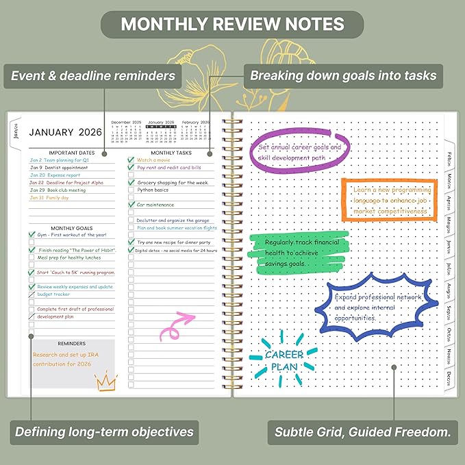 2026-2027 Monthly Planner, 18 Monthly Calendar Planner, January 2026 - June 2027, 8’’ x 10’’, 2026 Spiral Agenda with Tabs ＆Pocket, Flexible Cover, Organizer Notebook for Office Home School, Flowers