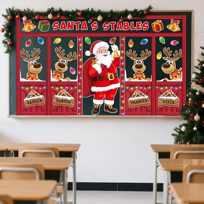 Christmas Bulletin Board Set Santa's Stables Classroom Decorations Santa Claus Reindeer Windows Xmas Gift Box Bells Lights Cutouts for Winter Holiday Office Home Door Wall Display