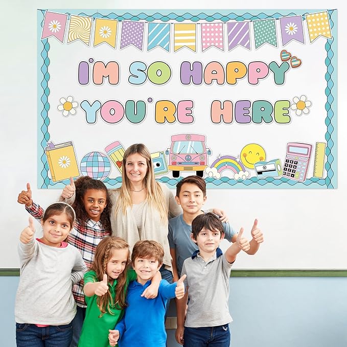 Naozinebi Groovy Back to School Bulletin Board for Classroom Decoration I'm So Happy You're Boho Retro Here Hippie Bulletin Board Set Rainbow Cutouts Daisy DIY Photo for Chalkboard Wall Teacher Decor