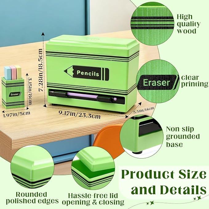 Gueevin 2pcs Pencil Dispenser for Classroom, Fun Desk Organizer with Eraser Holder, Interactive Pencil Storage for Teachers, Students & Homeschool Desk Organizer, Back to School Supplies(Green)