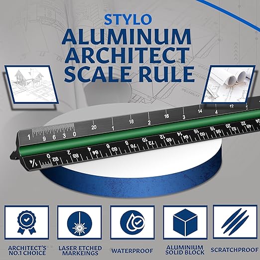 Stylo 12" Aluminum Architect Scale Ruler Laser Etched Triangle Drafting Ruler, Color Coded Grooves for Blueprint, Drafting and Drawing, Architectural Scale Ruler for Blueprints (Black, Imperial Units)