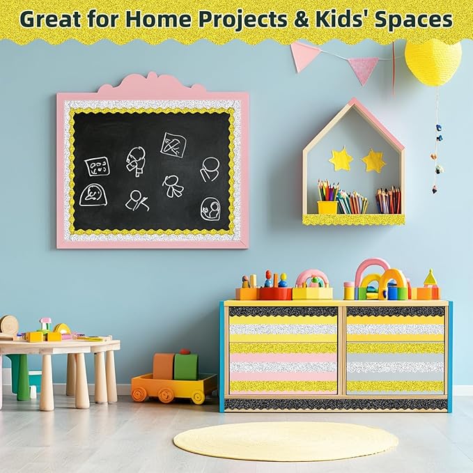 3 Rolls 98.4 Ft Glitter Bulletin Board Borders Set - Sparkly Classroom Borders for Bulletin Board Decorations - Office, School Supplies, Home DIY - Perfect for Teachers, Posters & Birthday Party Decor