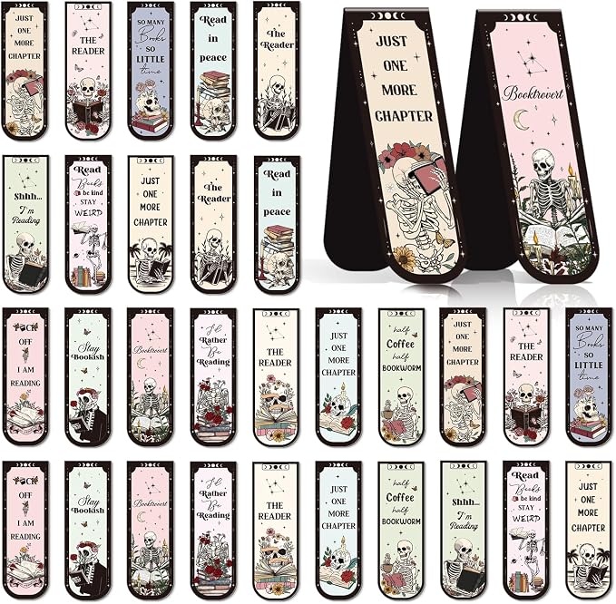 Skeleton Reading Bookmark Magnetic Gift - Wxiben 30 Pcs Gothic Skull Bookmarks Magnetic Floral Skeleton Book Marks Page Magnets Marker Clip for Women Men Students Teacher Book Lovers Bookish
