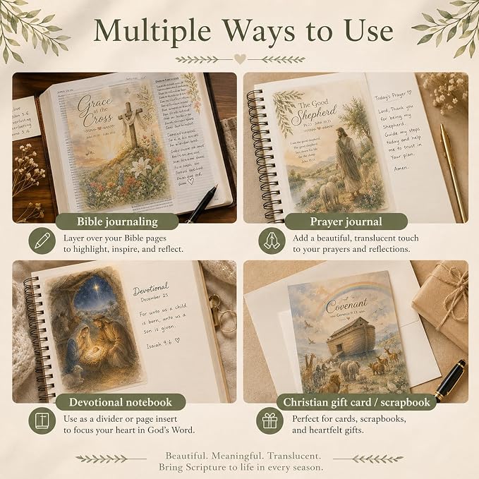 Bible Tip Ins Vellum Bible Inserts for Journaling with Watercolor Scripture Art Bible Study Inserts & Prayer Bookmarks 15PCS Bible Page Overlays for Women