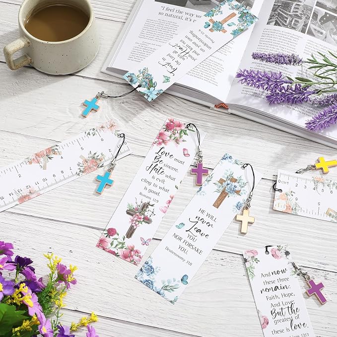 Gersoniel 30 Pcs Christian Bookmarks for Women Bible Verse Inspirational Scripture Bookmark Bulk Religious Page Marker with Cross Pendant for First Communion Mother Day Church Gift(Floral Style)