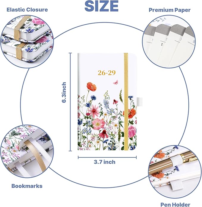 2026-2029 Pocket Calendar - Pocket Planner from Jul. 2026 to Jun. 2029, 3 Year Clendar Monthly Planner 2026-2029, 6.3" x 3.7", 60 Note Pages, Pen Holder, Pockets - Flowers