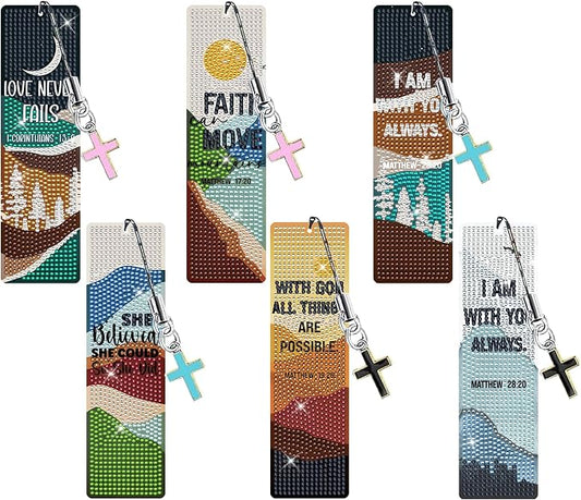 Christian Diamond Art Bookmarks Kit - Boho DIY Diamond Painting Bookmarks with Mountain and Flowers Painting Kits, Religious Bookmark for Adults for Bible Journaling Prayer & Worship Accessories
