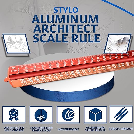 Stylo 12" Aluminum Architect Scale Ruler Laser Etched Triangle Drafting Ruler, Color Coded Grooves for Blueprint, Drafting and Drawing, Architectural Scale Ruler for Blueprints (Red, Metric Units)