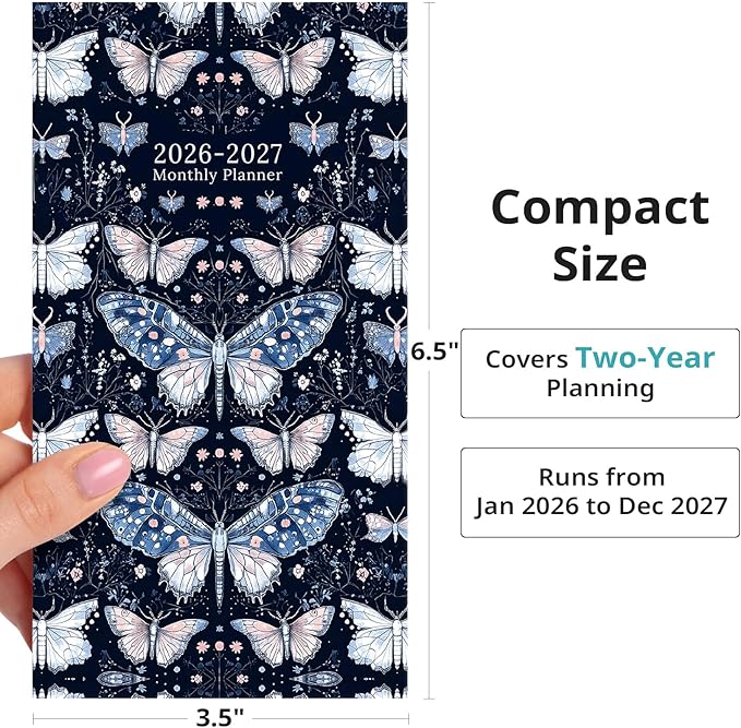 Pocket Calendar 2026-2027 for Purse, Two Year Monthly Planner Pocket Size, Jan 2026 to Dec 2027 Monthly Planner Small Size (6.5" x 3.5") - Moonlight Butterflies