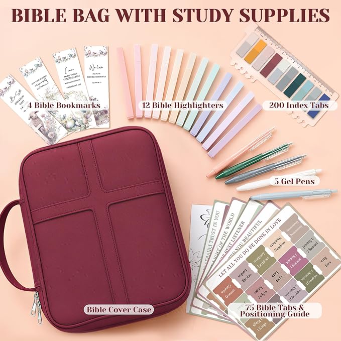 XKDOUS Bible Cover, Large Bible Bag with Durable Handle, Cross Design Waterproof Bible Case with Bible Study Supplies, Christian Gift for Mom, Women and Men (Burgundy)