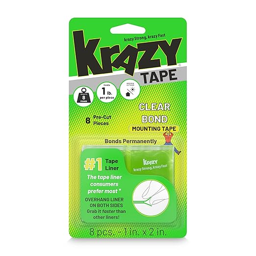 Krazy Tape Clear Bond Double Sided Mounting Tape, 1"x2", Pack of 8 Pre-Cut Pieces, Easy Lift Transparent Adhesive Strips for Glass, Leather, Metal, Drywall & Wood Surfaces, Indoor & Outdoor Use