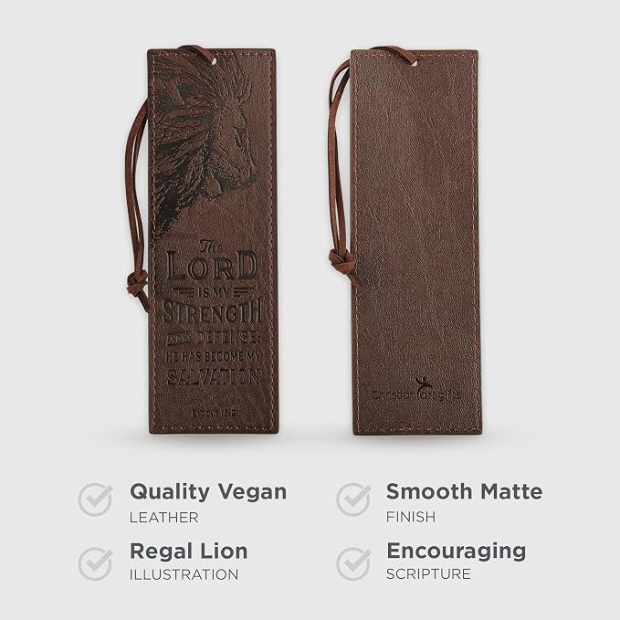 Christian Art Gifts Premium Vegan Faux Leather Scripture Bookmark for Men: The Lord Is My Strength - Exodus 15:2 Inspirational Bible Verse Heat-Debossed, Faith-Based Reading Accessory with Cord, Brown