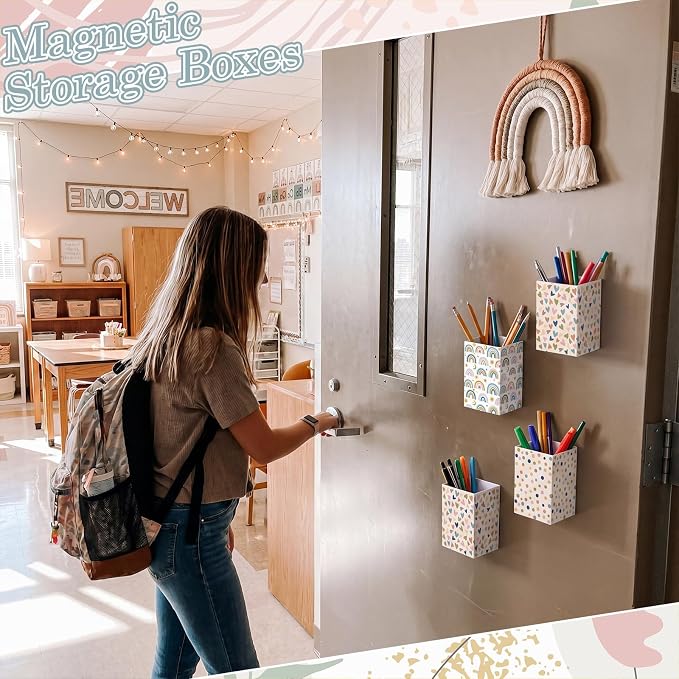 6 Pcs Boho Classroom Decor Classroom Magnetic Storage Boxes Magnetic Storage Containers Plastics Pen Holder for Refrigerator Whiteboard Home Office School Organizer Supply