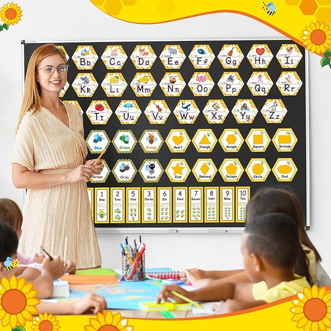 Bee Themed Alphabet Number for Classroom Wall Honeycomb Bulletin Board Manuscript Educational Cards ABC Letters Numbers Shapes Colors Poster for Preschool Elementary Early Learning Decor