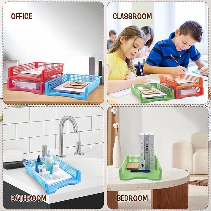 7 Pack Colorful Turn in Trays Classroom Plastic Stackable Paper Tray Teacher Office Files Document Storage Playroom Organization for Office Home Teachers Organization Storage, 9 x 13 x 3 Inches
